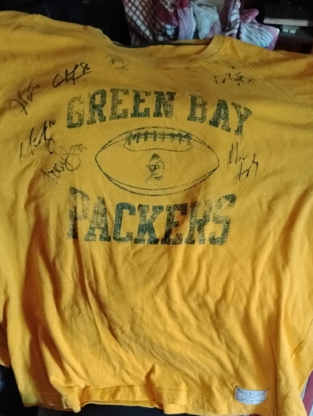 Green Bay Packers Yellow Logo Tee with Multiple NFL PLAYER SIGNATURES